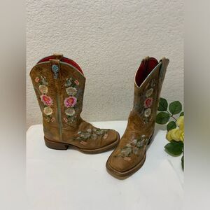 Macie Bean Boots Girls SZ 3 Floral Rose Garden Cowgirl Brown Leather